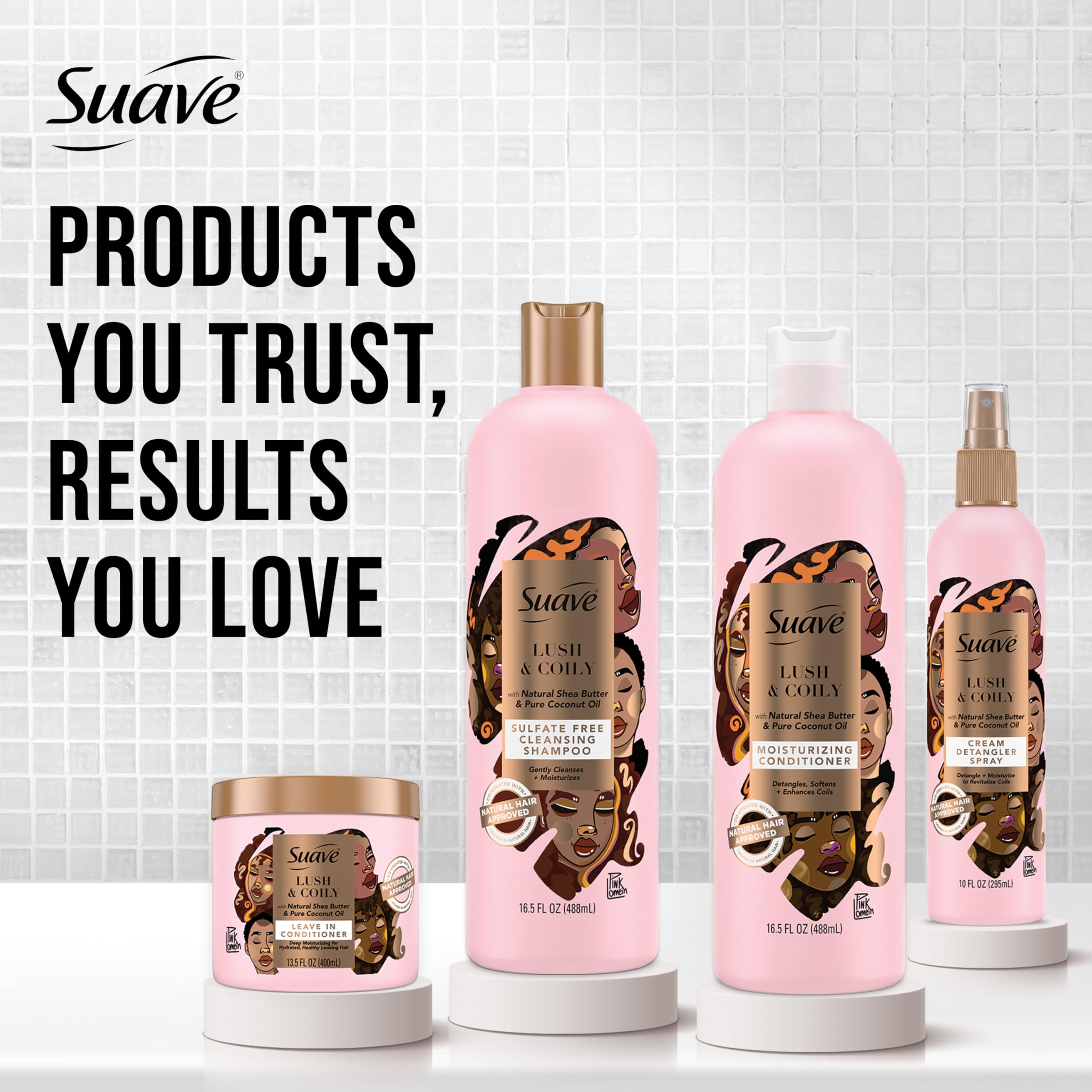Suave Professionals conditioner beside shampoo suggests pairing for moisture-rich routines.