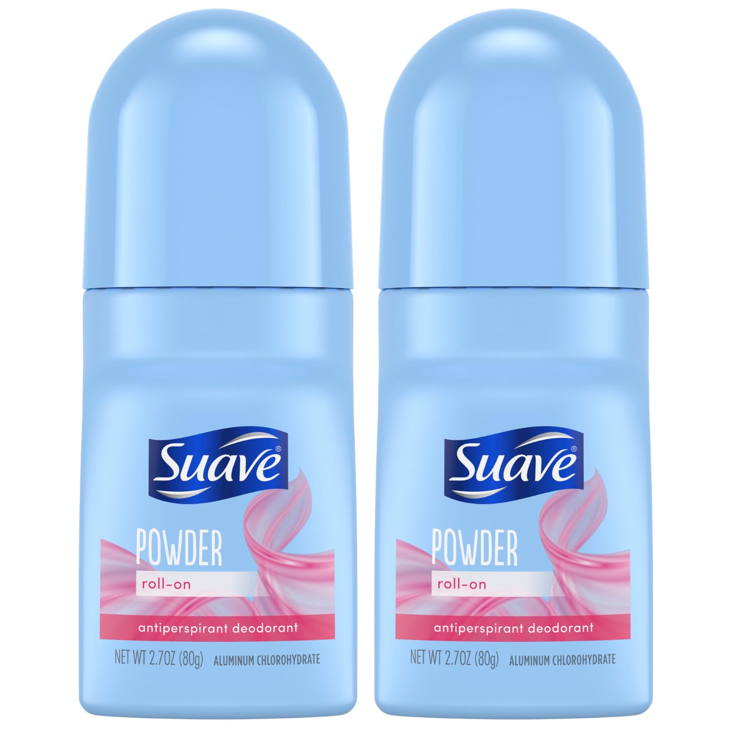 Suave powder roll-on deodorant bottles showing 2-pack convenience and 24-hour protection