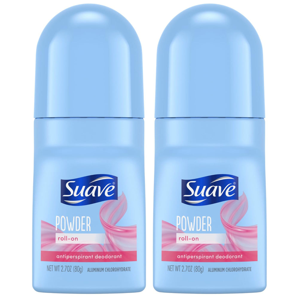 Suave powder roll-on deodorant bottles showing 2-pack convenience and 24-hour protection