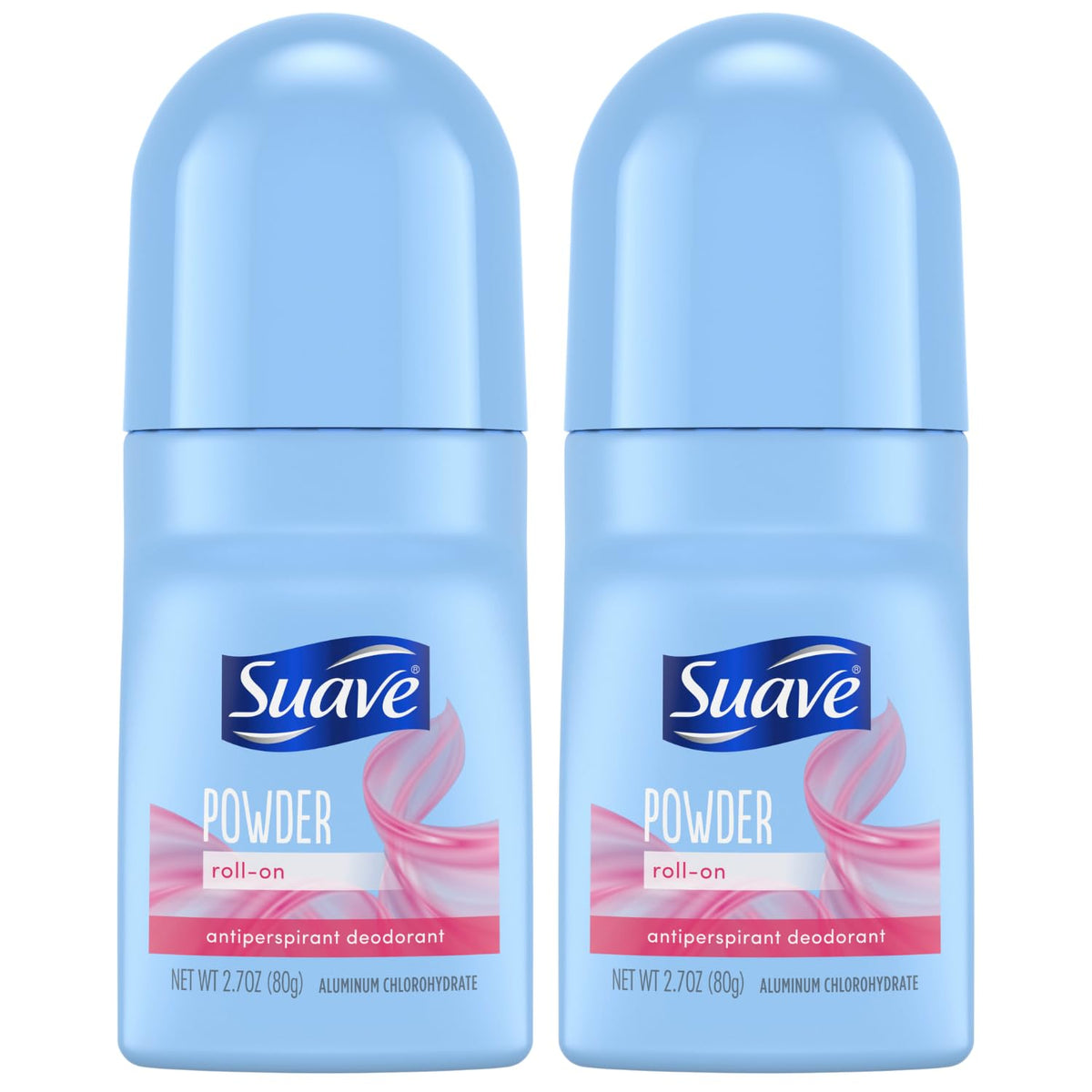 Suave powder roll-on deodorant bottles showing 2-pack convenience and 24-hour protection