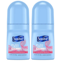 Suave powder roll-on deodorant bottles showing 2-pack convenience and 24-hour protection