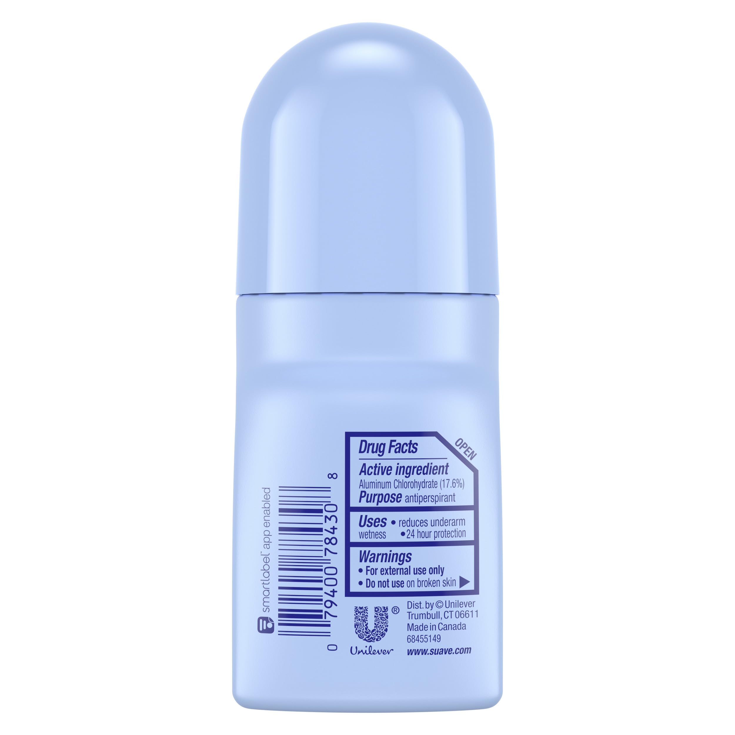 Suave roll-on powder deodorant application showing quick-dry formula for mess-free wear.