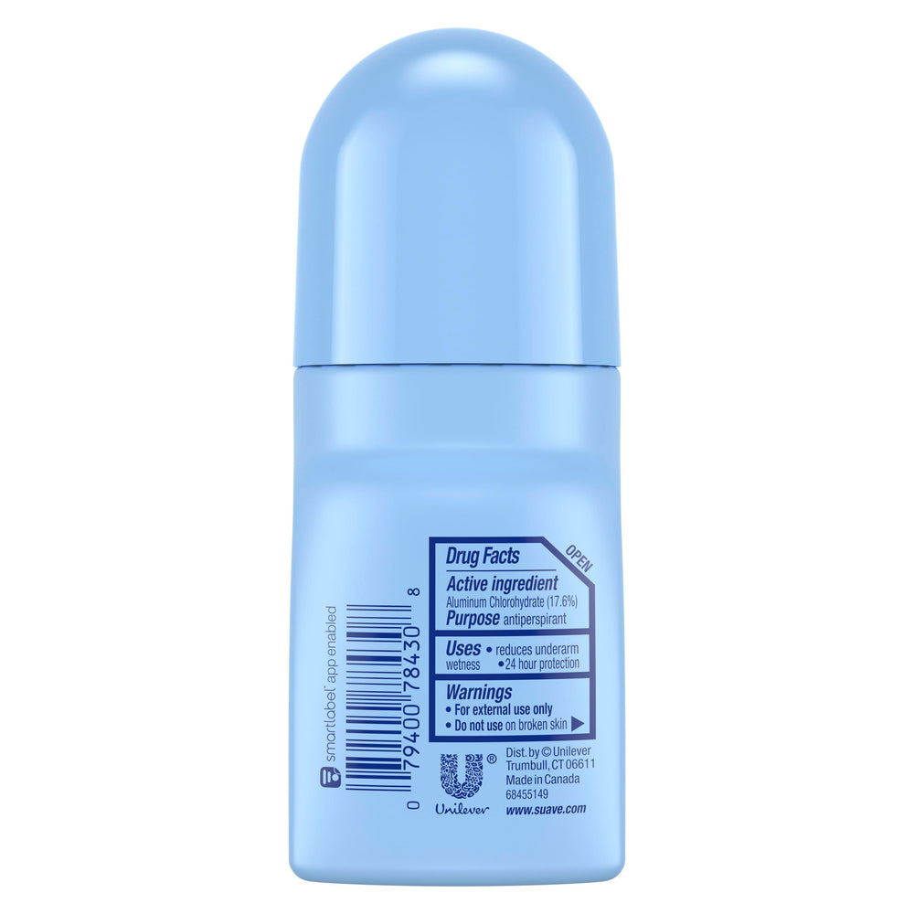 Suave roll-on powder deodorant application showing quick-dry formula for mess-free wear.