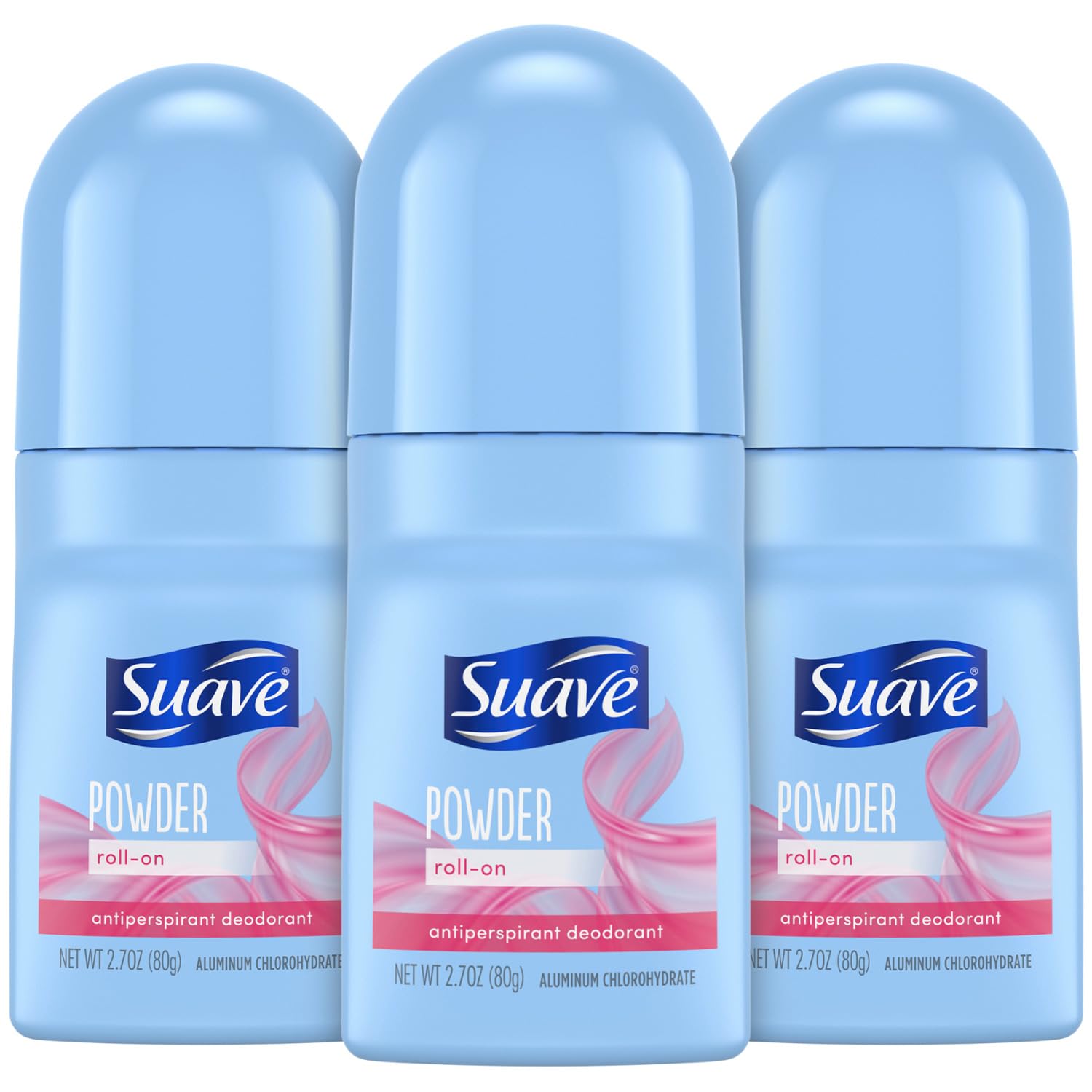 Suave roll-on powder deodorant bottle with powder-fresh scent and 24-hour protection.