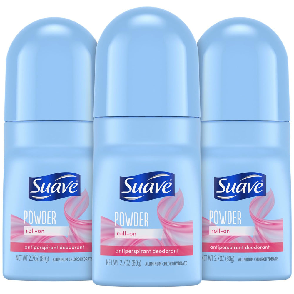 Suave roll-on powder deodorant bottle with powder-fresh scent and 24-hour protection.