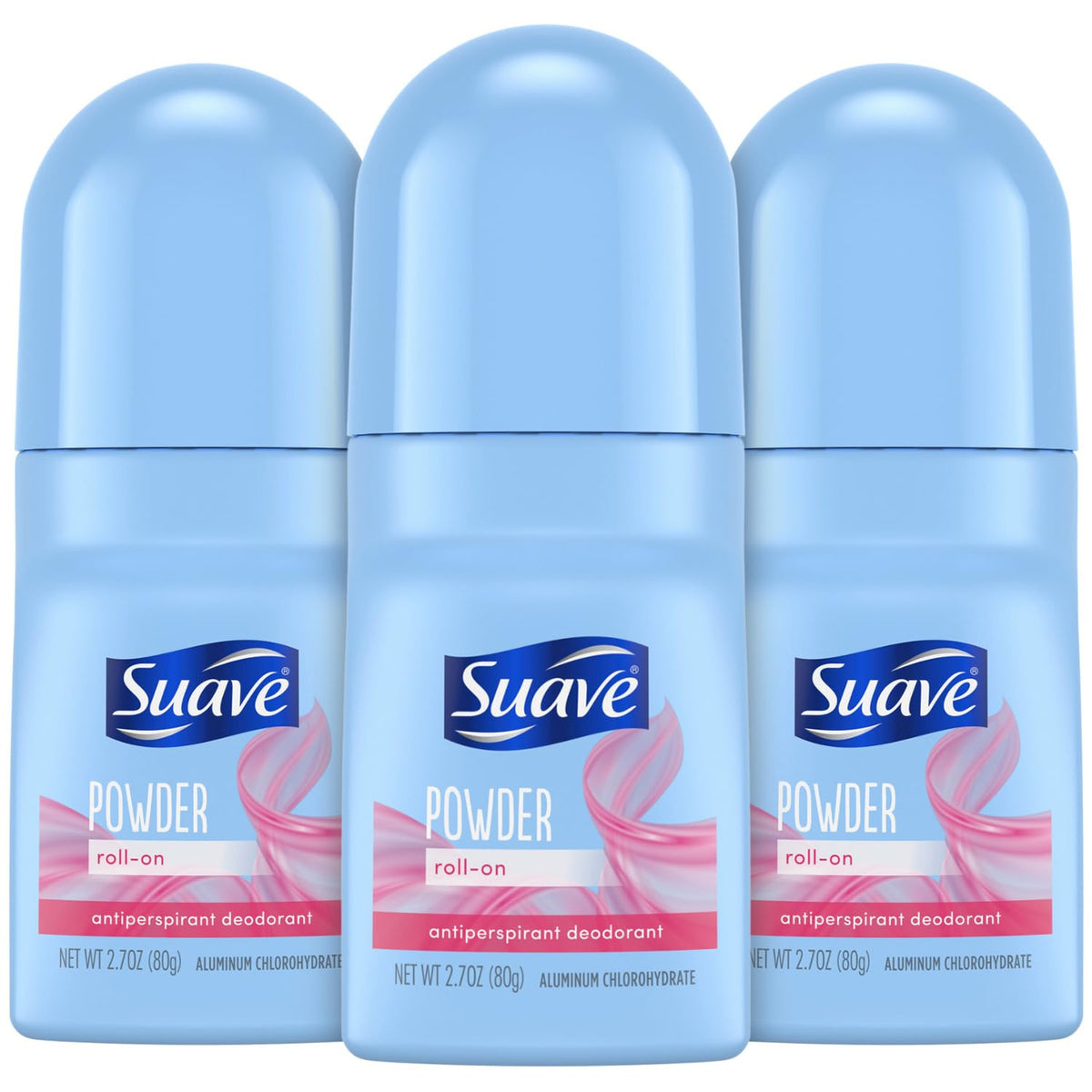 Suave roll-on powder deodorant bottle with powder-fresh scent and 24-hour protection.