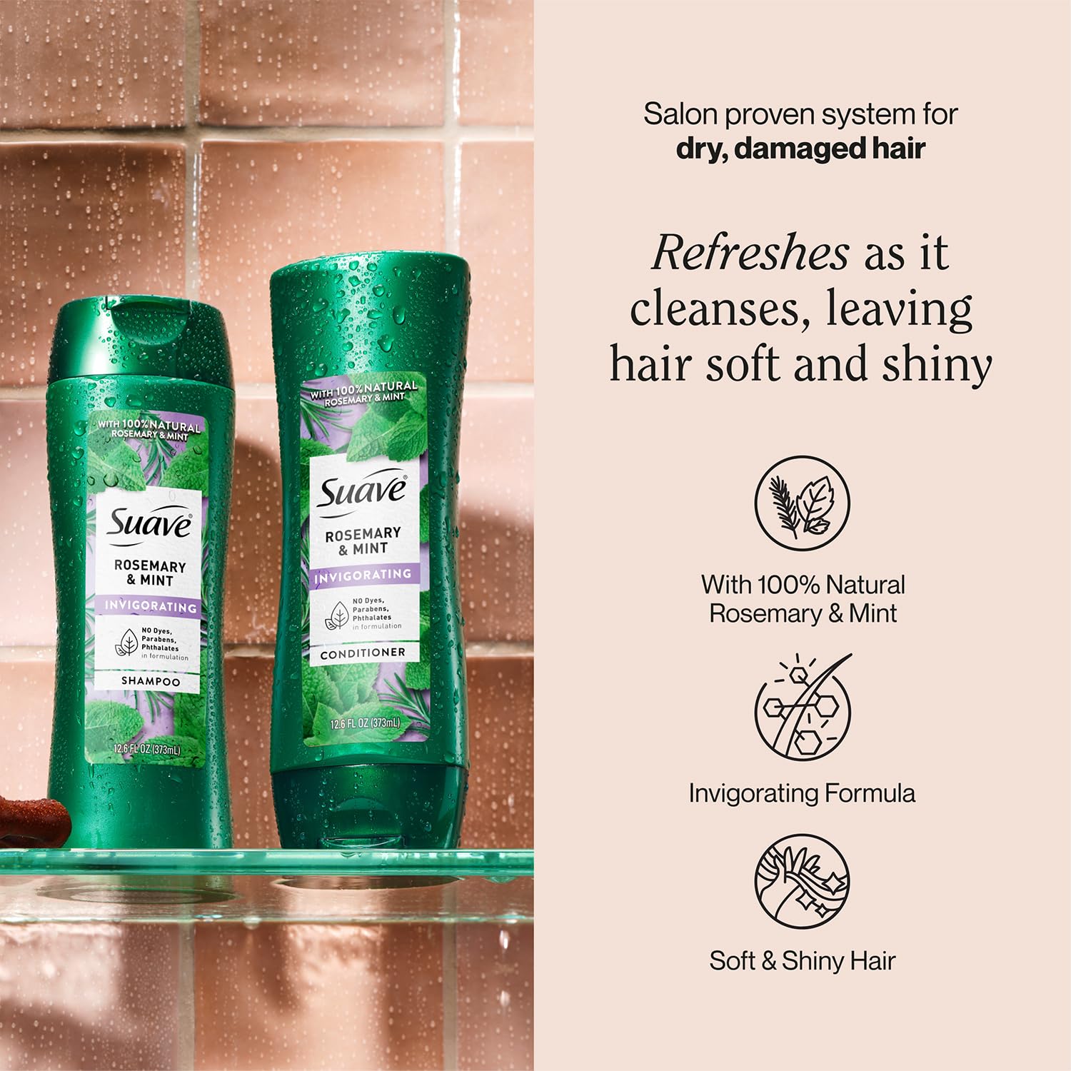 Suave Rosemary & Mint conditioner 12oz bottle offering smooth, hydrated hair