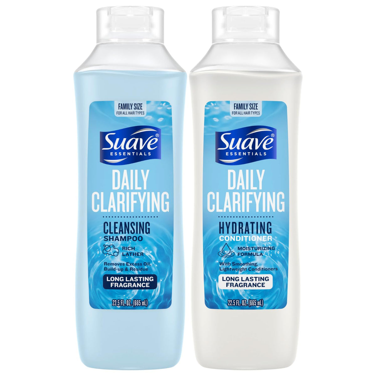 Suave clarifying shampoo bottle pour showing residue removal and shine