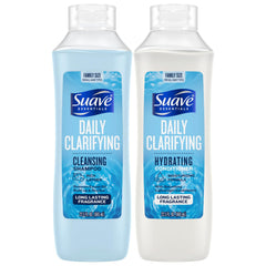 Suave clarifying shampoo bottle pour showing residue removal and shine