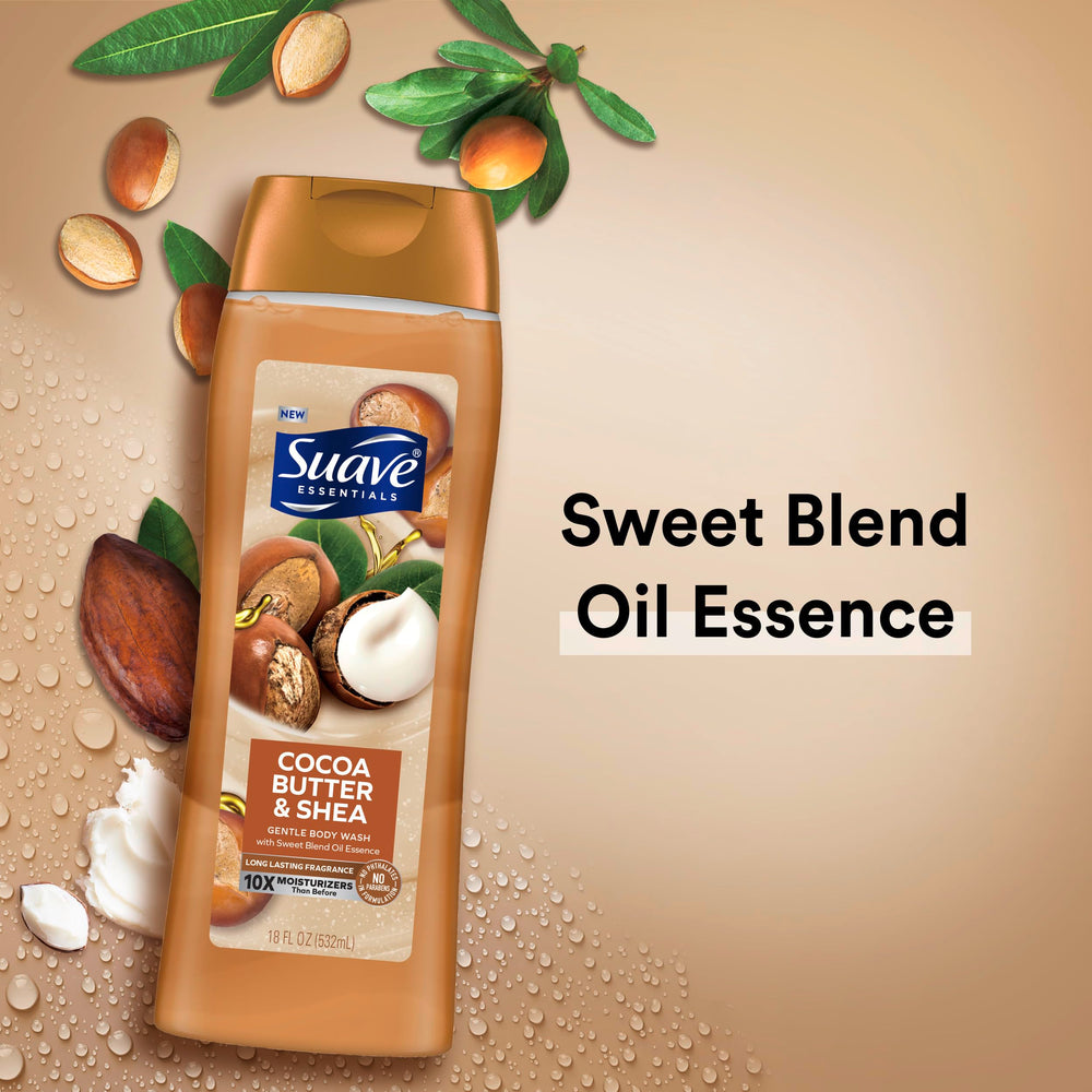 Shower scene with a pouf using Suave body wash for everyday cleansing