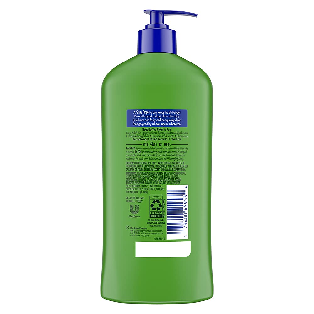 Suave Silly Apple 3-in-1 conditioner dispenser indicating simple all-in-one routine
