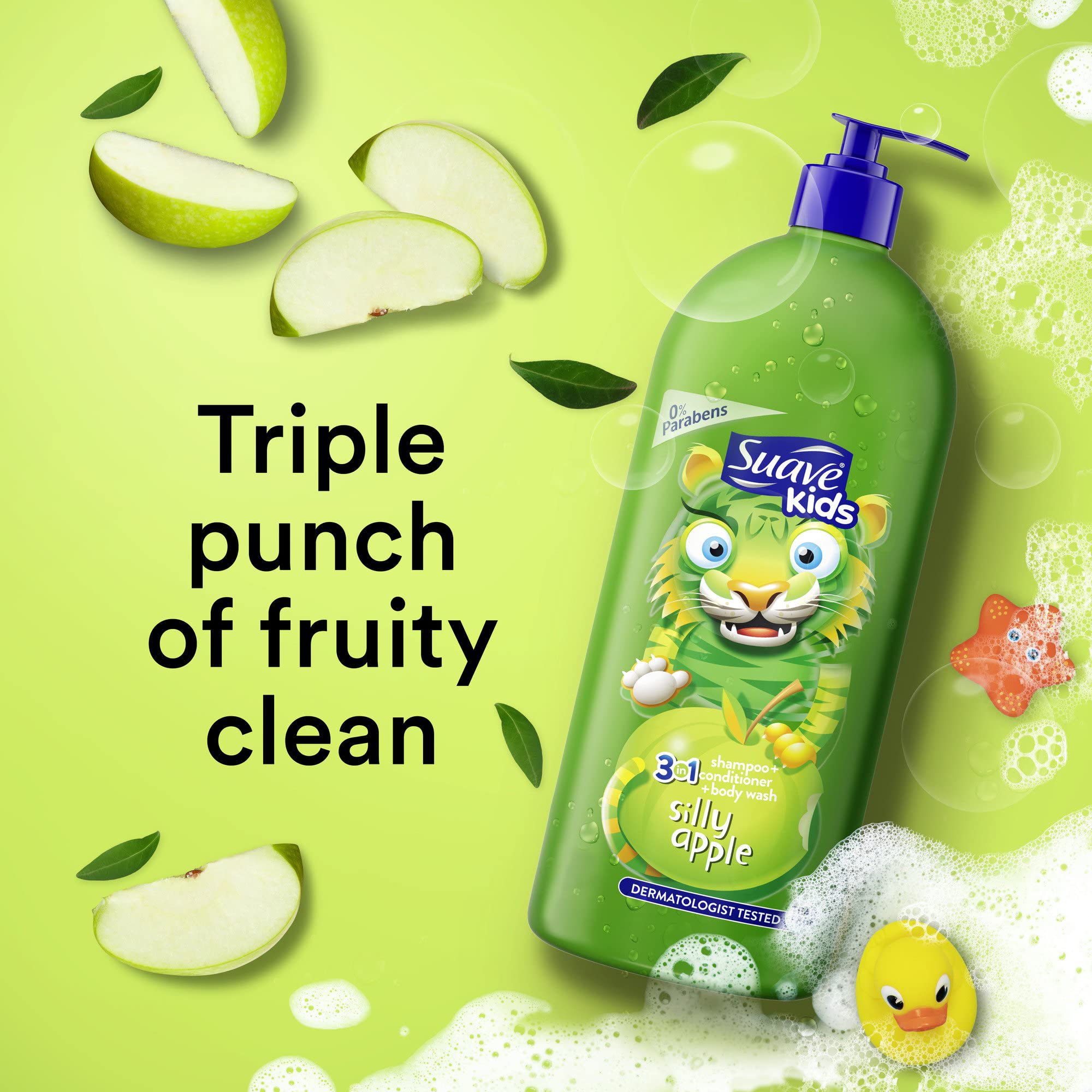 Suave Silly Apple 3-in-1 family bath setup in a cheerful bathroom
