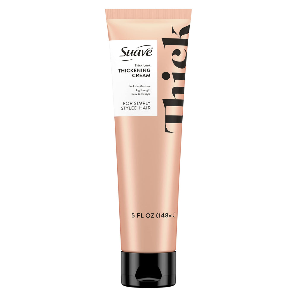 Suave Simply Styled Thickening Cream bottle shows easy styling for fuller-looking hair