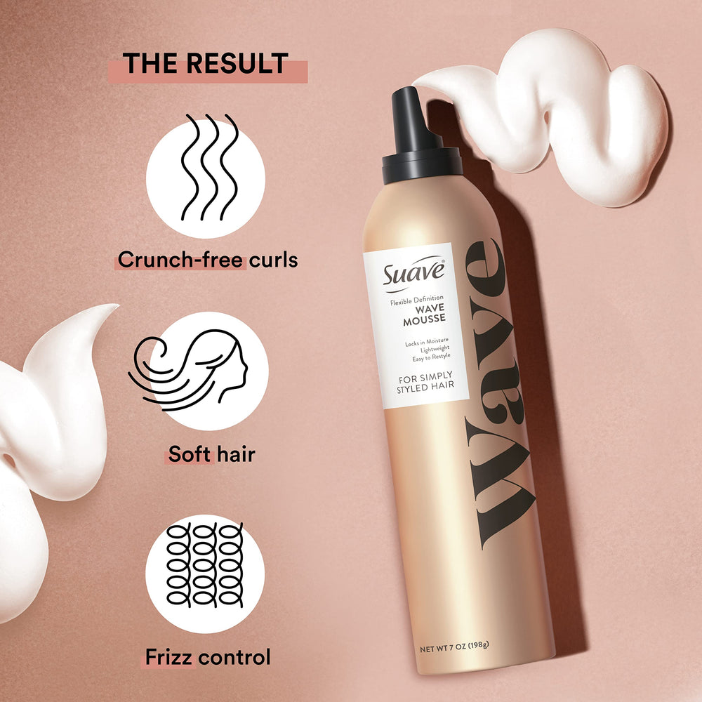 Suave Simply Styled Wave Mousse creates soft curls with frizz control.
