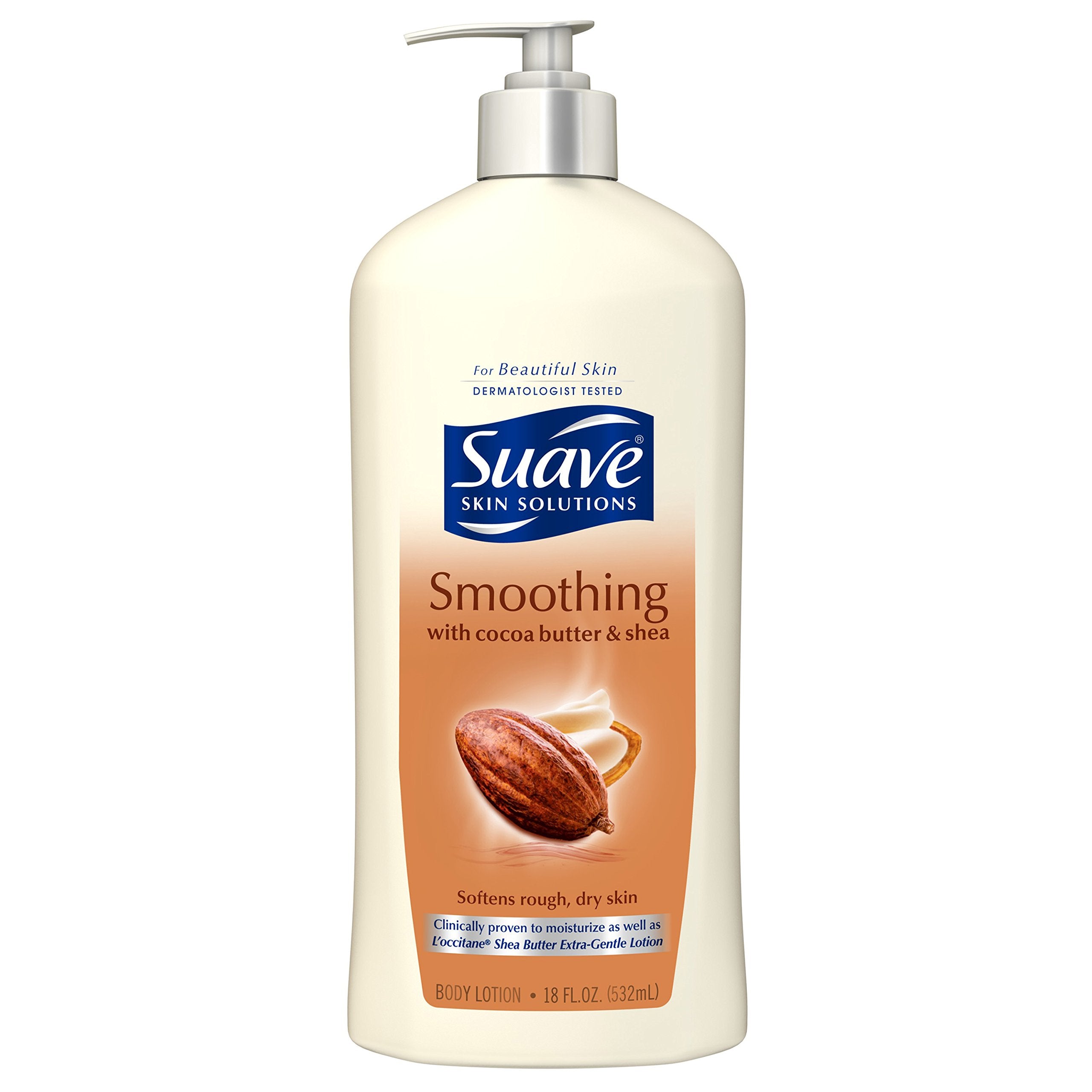 Unilever Suave Skin Solutions bottle highlights cocoa butter and shea for daily hydration.