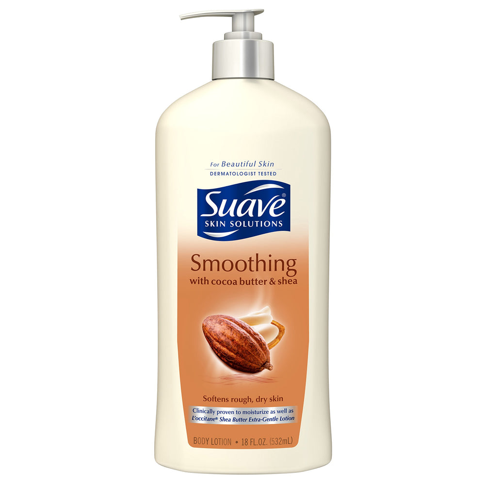 Unilever Suave Skin Solutions bottle highlights cocoa butter and shea for daily hydration.