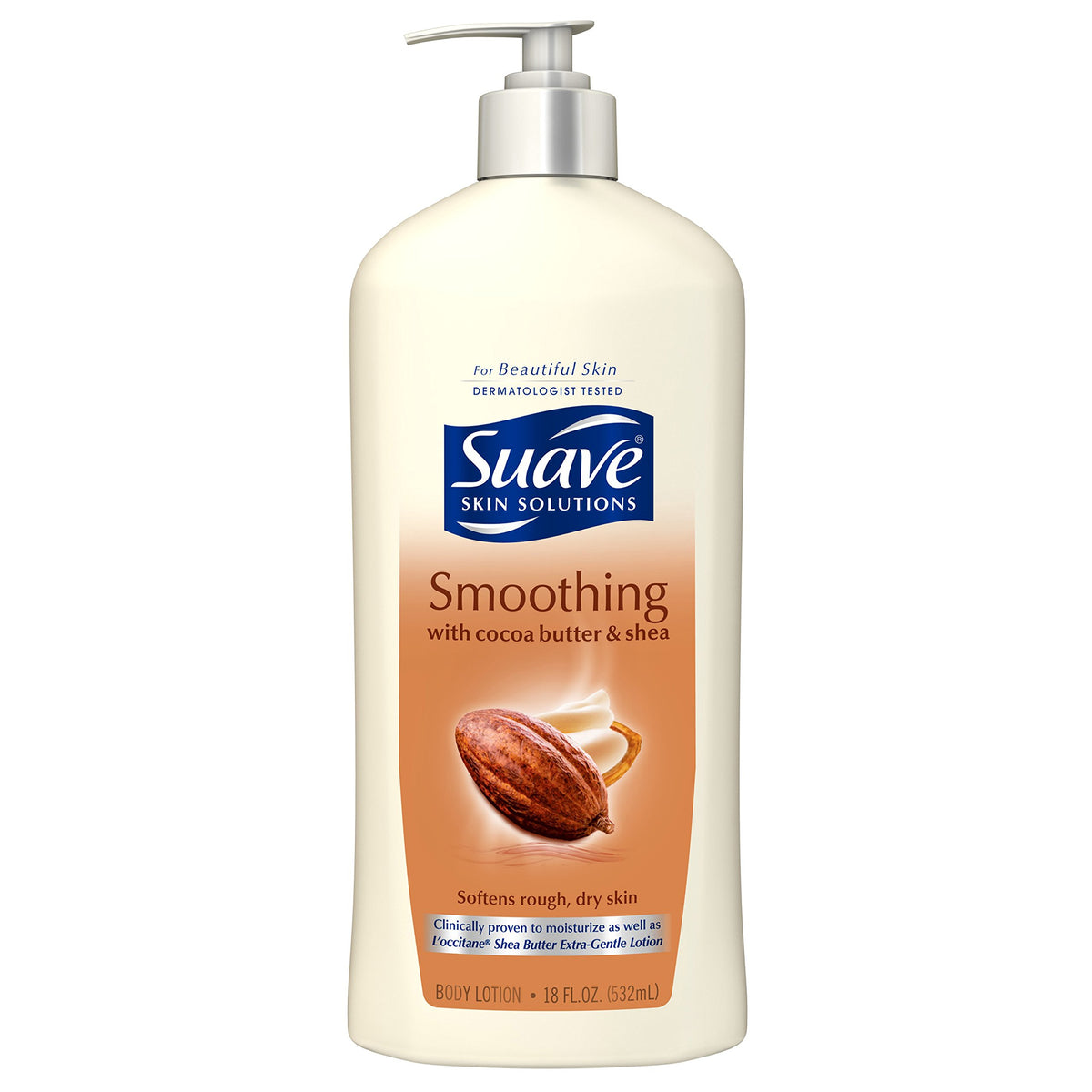 Unilever Suave Skin Solutions bottle highlights cocoa butter and shea for daily hydration.