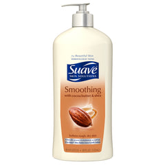 Unilever Suave Skin Solutions bottle highlights cocoa butter and shea for daily hydration.