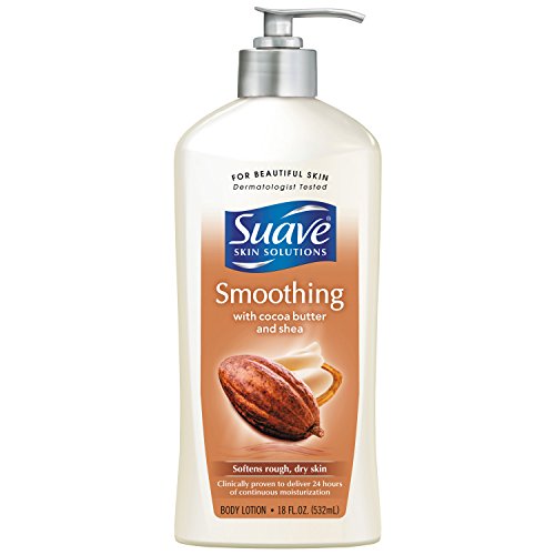 Suave Cocoa Butter & Shea lotion texture close-up hints at rich moisturization for dryness.