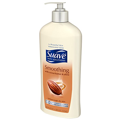 Lotion massage motion highlights soothing absorption with Suave Cocoa Butter & Shea.