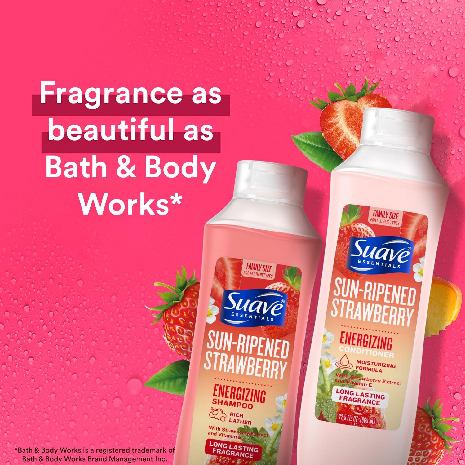 Suave sun-ripened strawberry conditioner bottle highlighting nourishing texture for softer, more manageable hair.