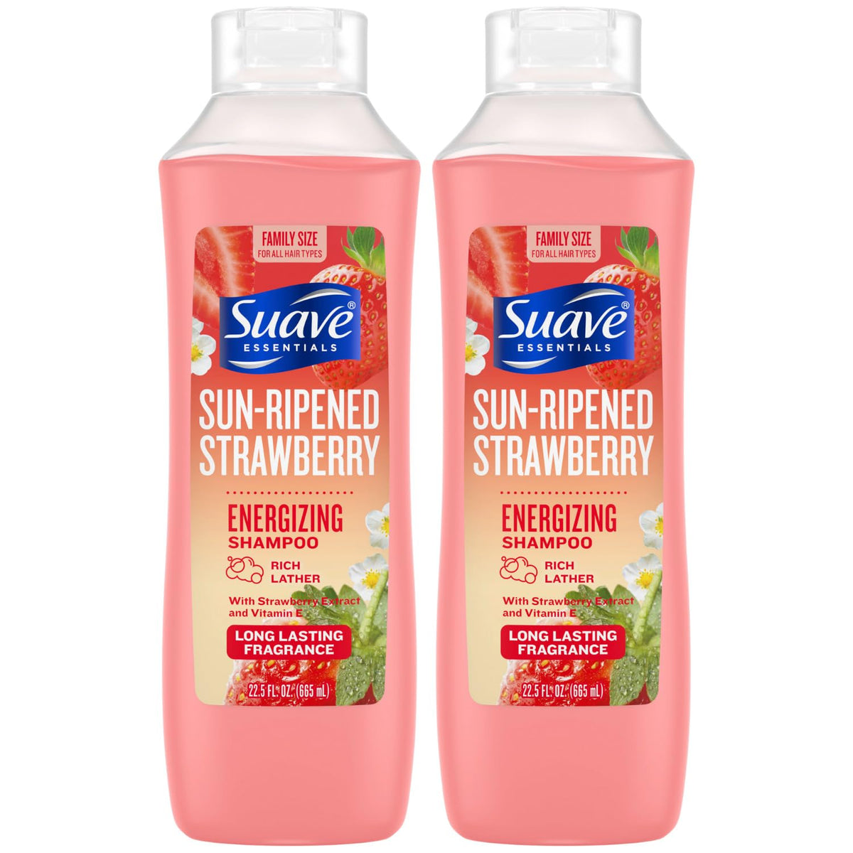 Suave Sun-Ripened Strawberry Shampoo bottle offers an energizing cleanse with strawberry extract.