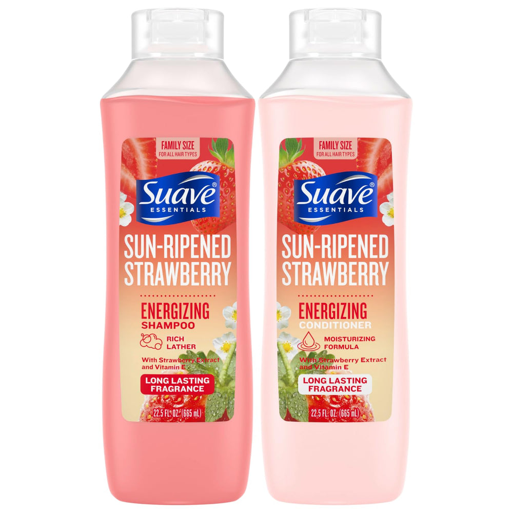 Suave sun-ripened strawberry shampoo bottle showing energizing formula for refreshed, moisturized hair.