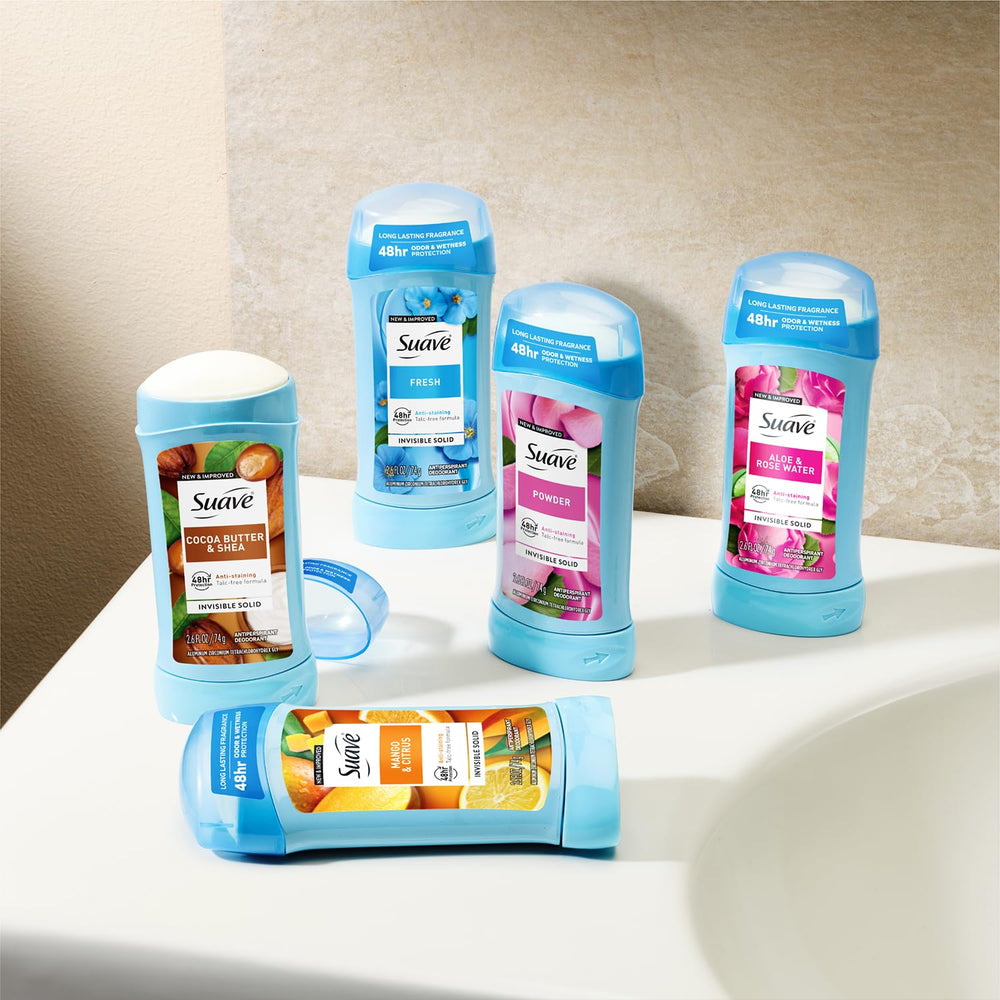 Suave Sweet Pea & Violet deodorant pack on shelf with floral design.