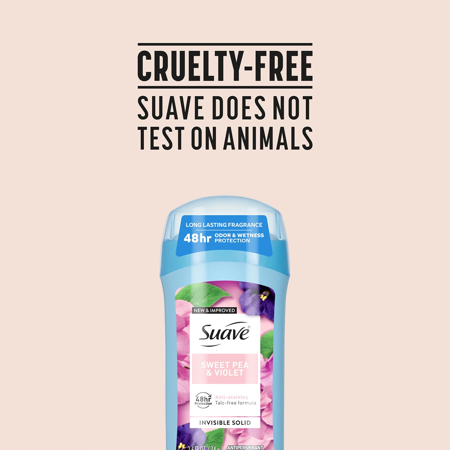 Suave Sweet Pea & Violet deodorant stick while applying for fresh scent.