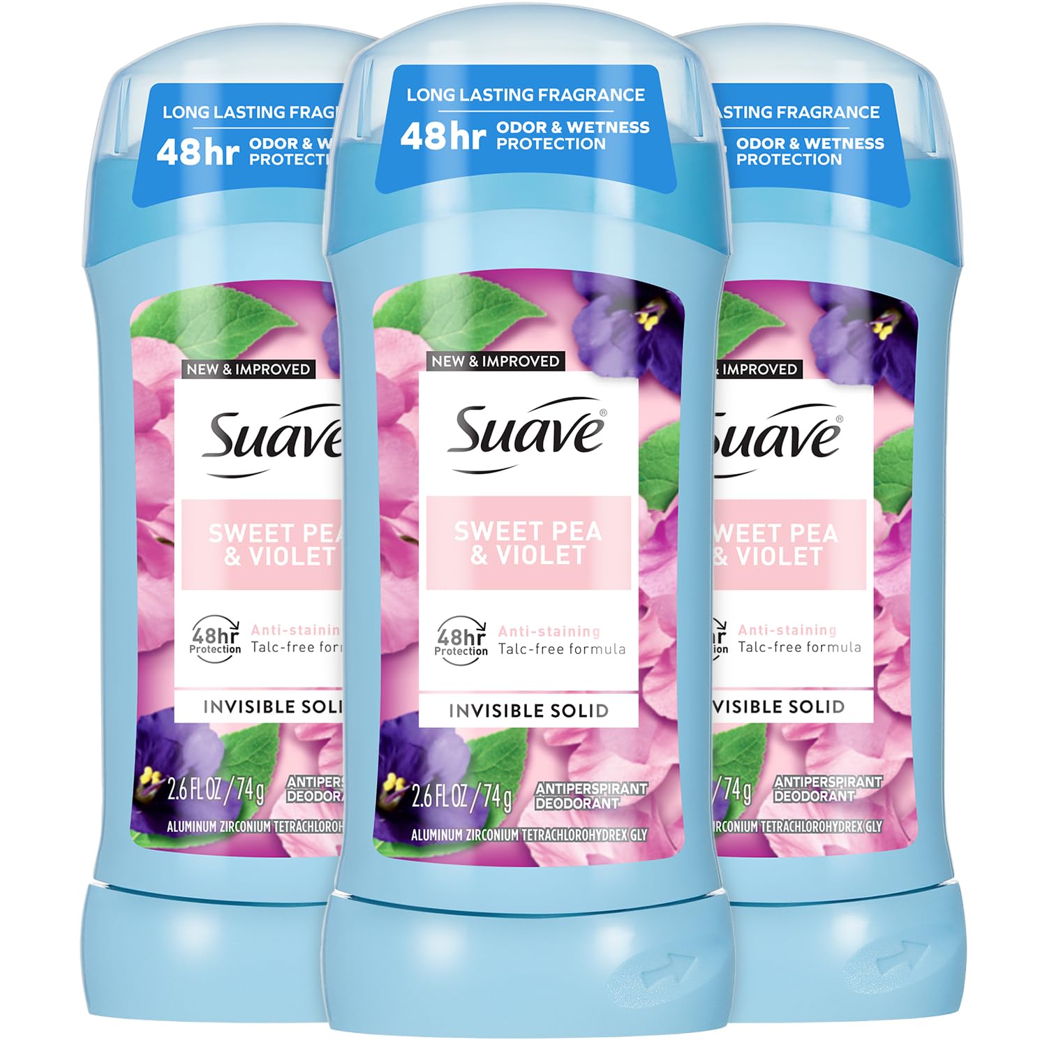 Suave Sweet Pea & Violet deodorant stick front view for all-day freshness.
