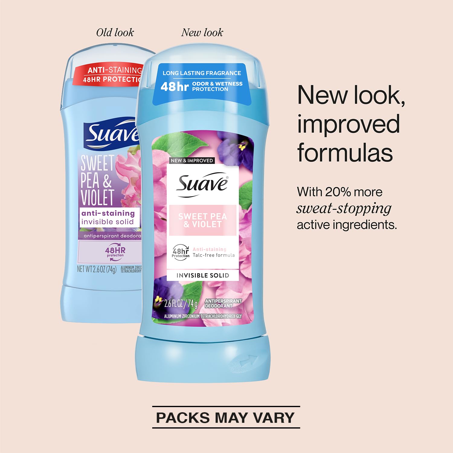 Suave Sweet Pea & Violet deodorant stick side view highlights slim profile.