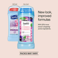 Suave Sweet Pea & Violet deodorant stick side view highlights slim profile.