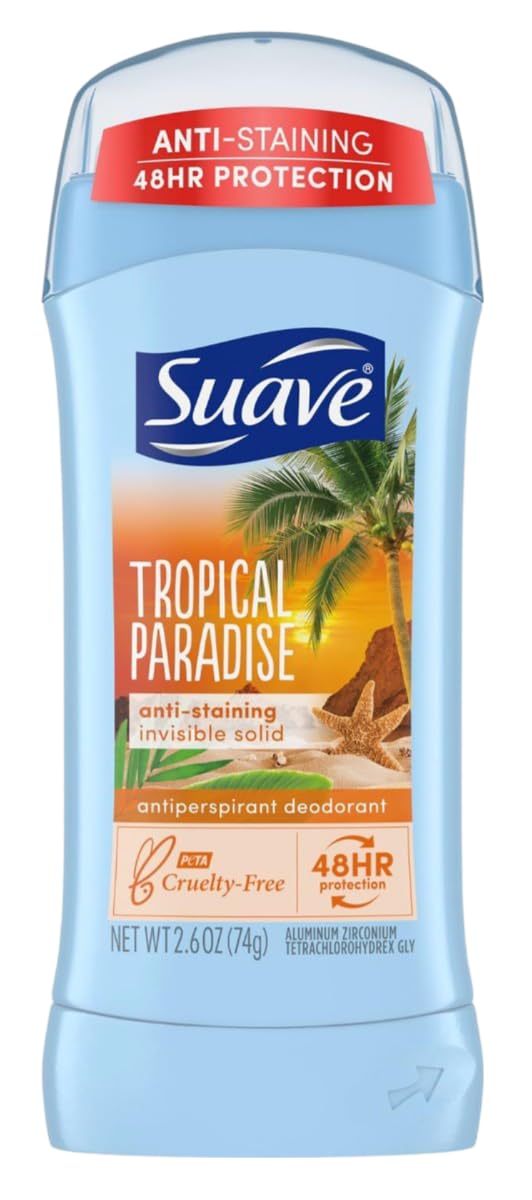 Suave Tropic Paradise deodorant stick close-up shows smooth glide for easy application.