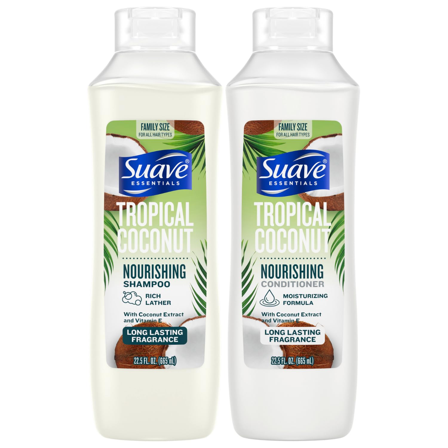 Suave Tropical Coconut shampoo bottle for hydrating cleansing.