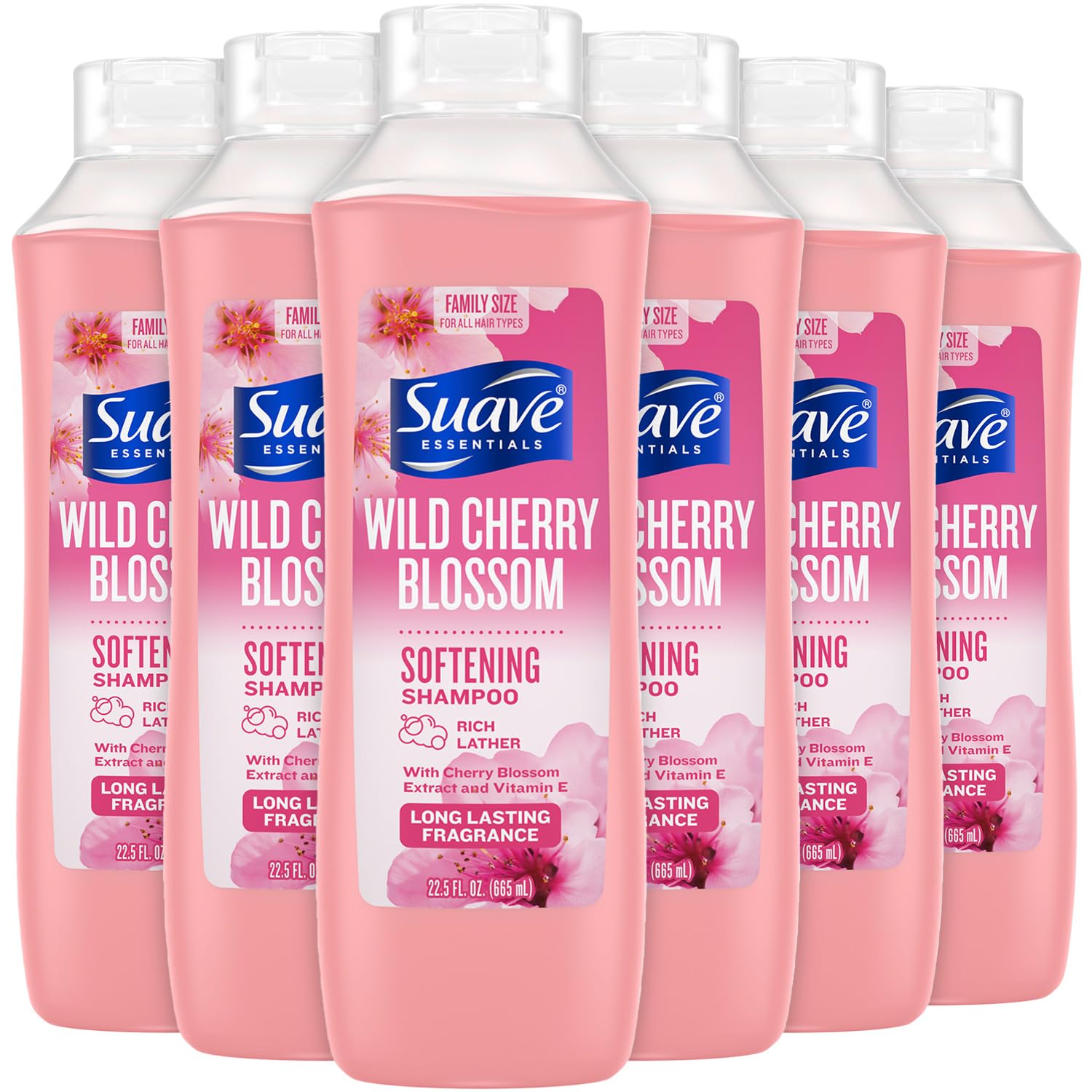 Suave Wild Cherry Blossom Shampoo bottle front—softening formula with Vitamin E.