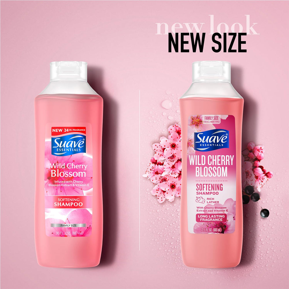 Suave Wild Cherry Blossom Shampoo label close-up highlighting Vitamin E.