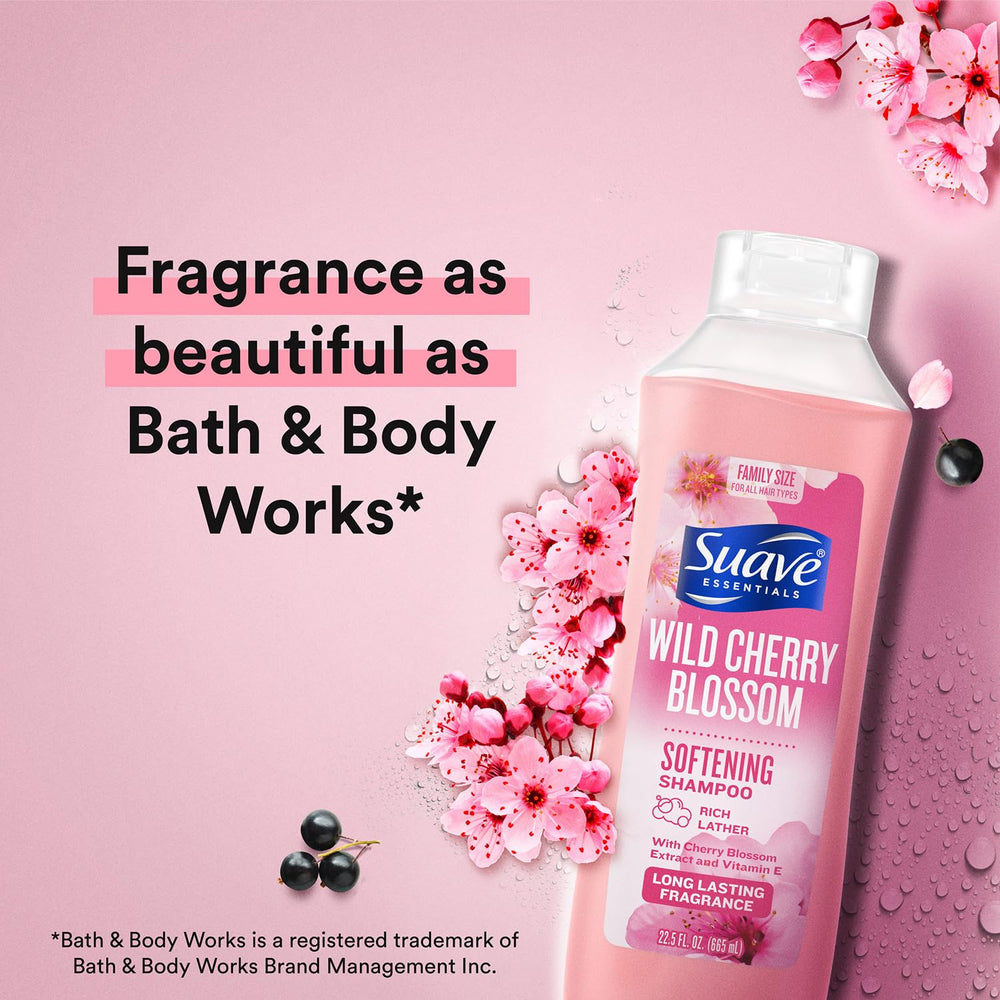 Suave Wild Cherry Blossom Shampoo lather showing gentle cleansing.