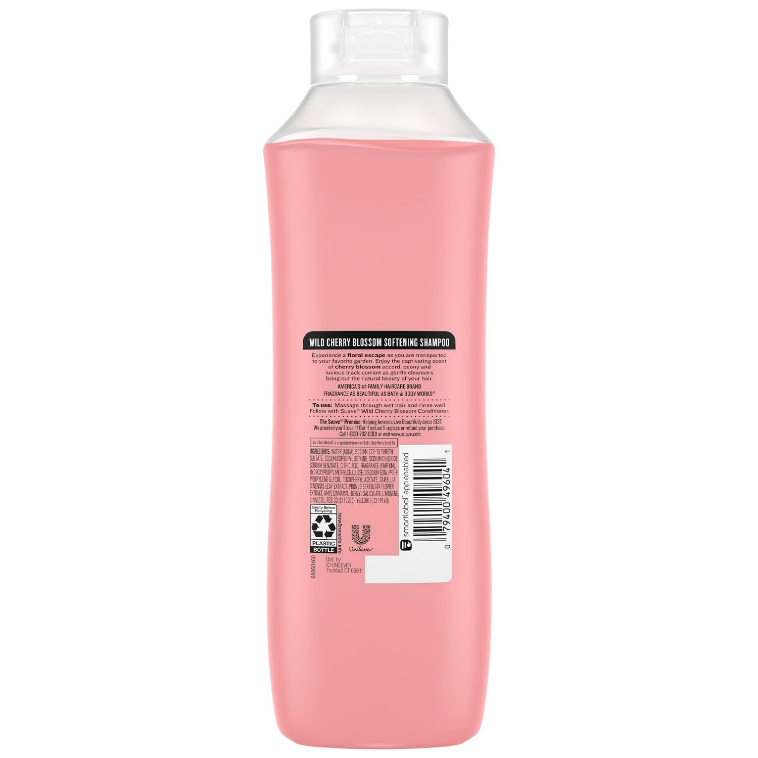 Suave Wild Cherry Blossom Shampoo bottle with conditioner hinting moisture.