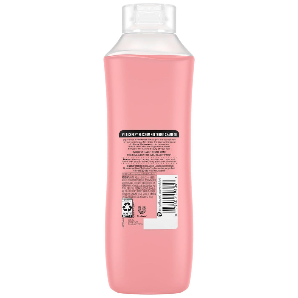 Suave Wild Cherry Blossom Shampoo bottle with conditioner hinting moisture.