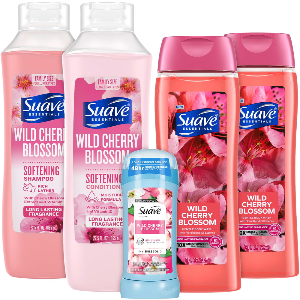 Suave Wild Cherry Shampoo bottle; hydrating cleanse for softer hair.