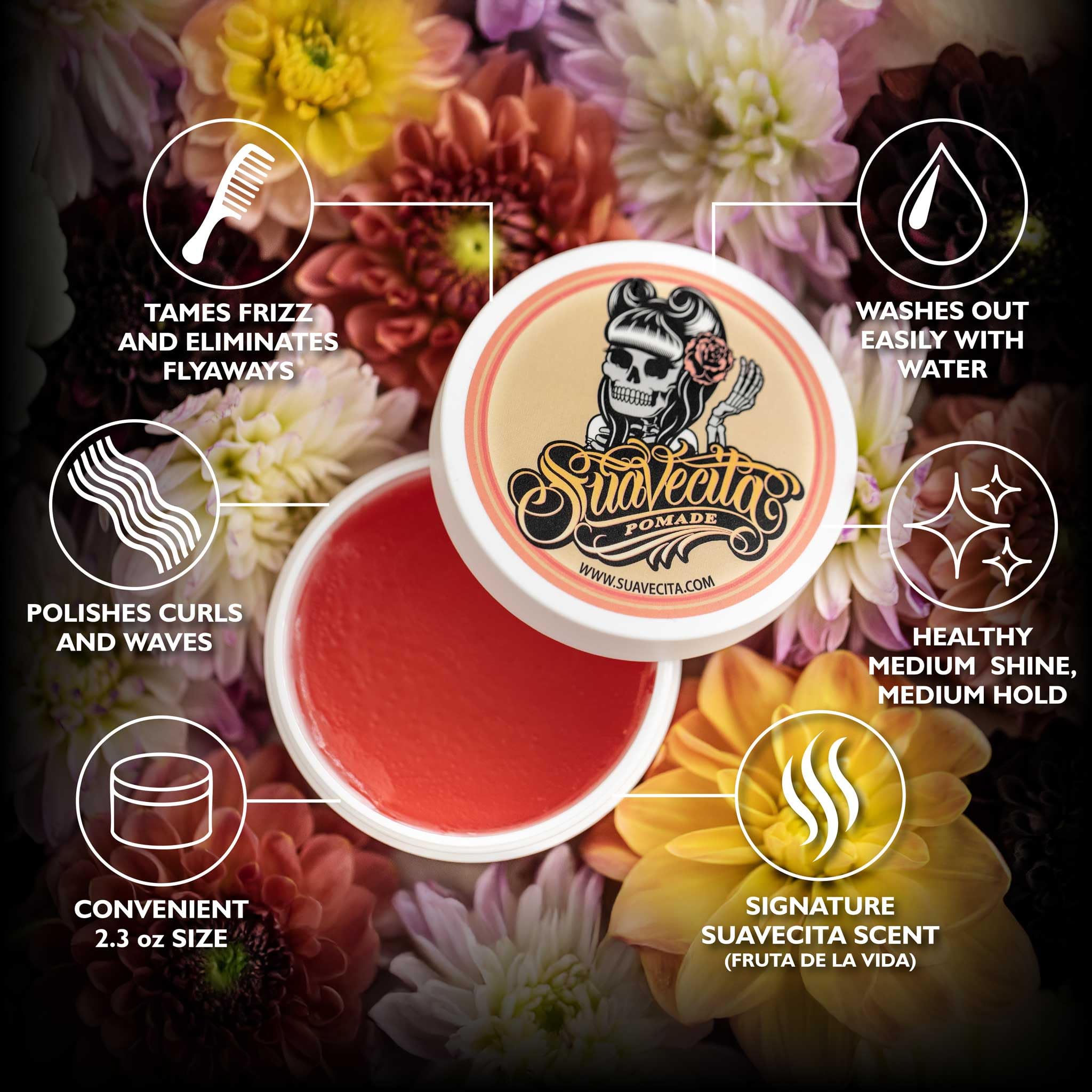 Suavecita pomade fragrance close-up highlights women's scent for styling ritual.