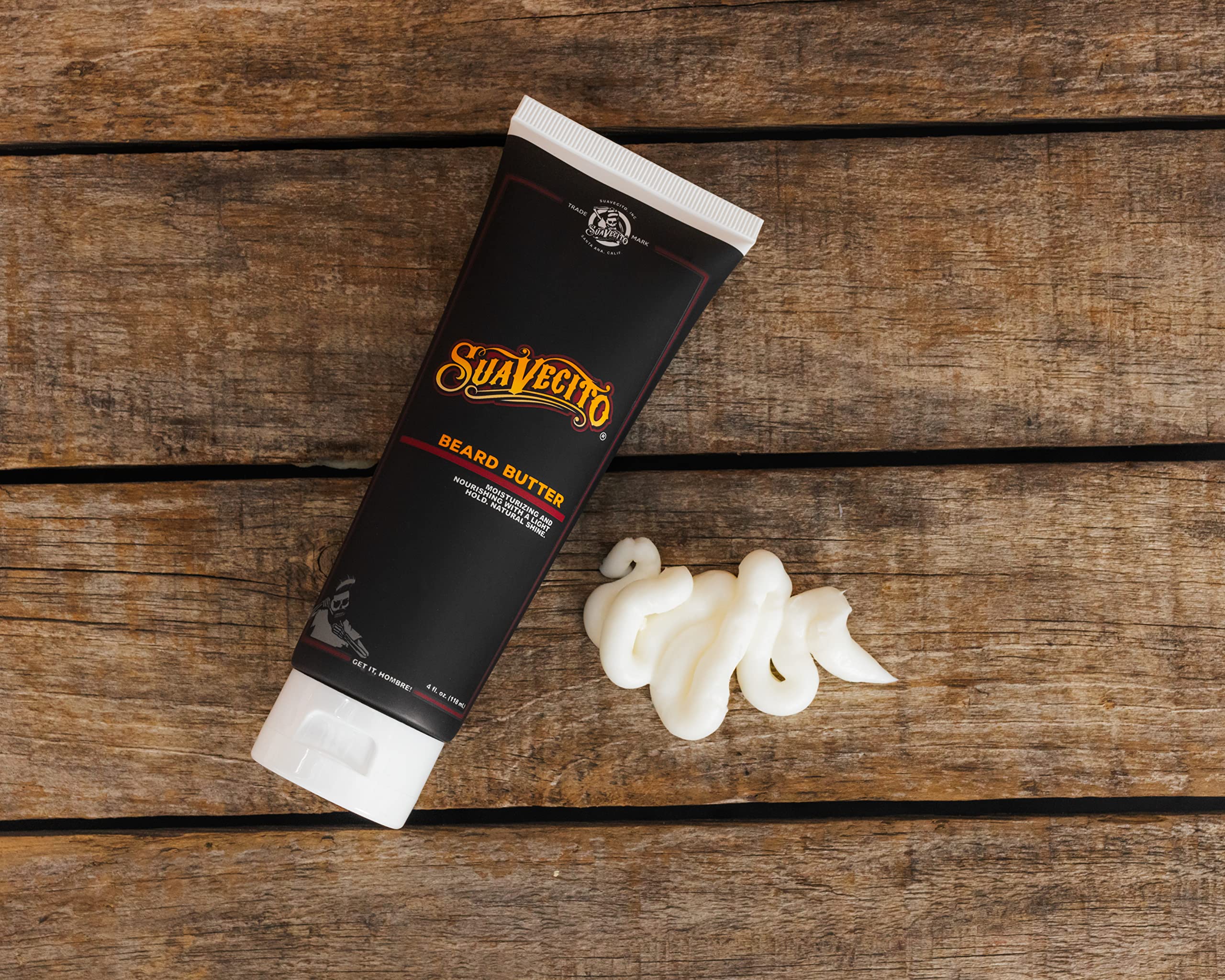 Suavecito Beard Butter 4 oz bottle with label for convenient daily use.