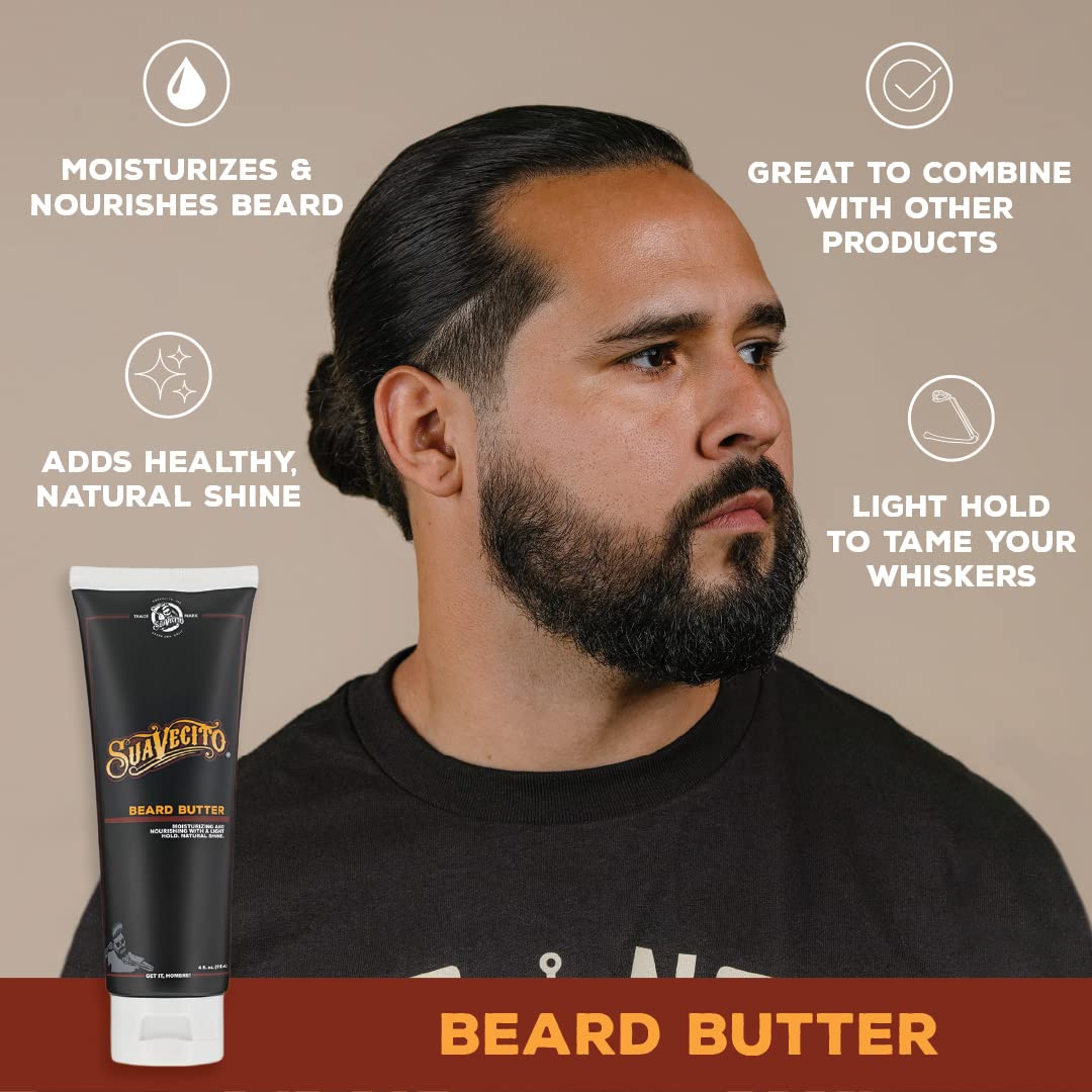 Close-up of Suavecito Beard Butter reveals natural shine on beard and skin.