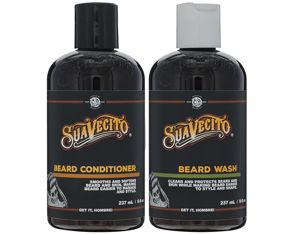 Suavecito Beard Wash bottle cleanses facial hair for a refreshed feel.