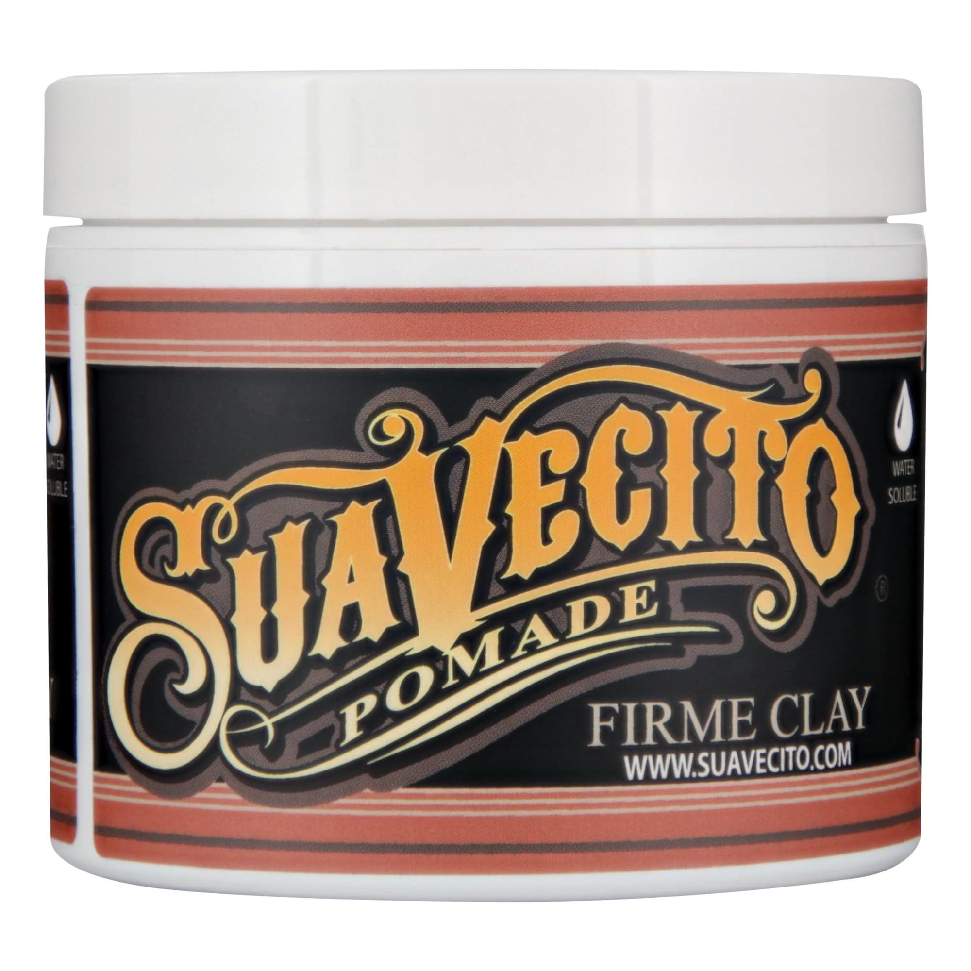 Suavecito Firme Clay 5oz bottle closeup showing strong hold for textured, long-lasting styles.