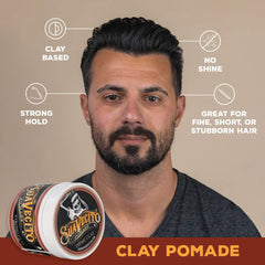 Suavecito Firme Clay hands applying product for textured, controlled styling.