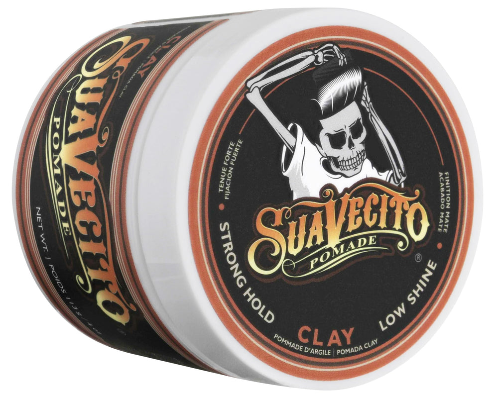 Suavecito Firme Clay close-up showing matte finish on hair.