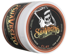 Suavecito Firme Clay close-up showing matte finish on hair.