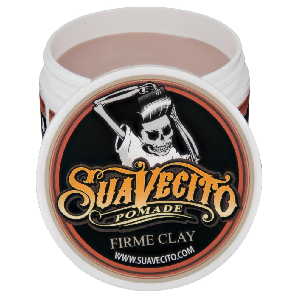 Suavecito Firme Clay strong-hold demo shows defined shape without stiffness.