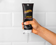 Suavecito Firme Hold bottle back highlights long-lasting control for textured looks
